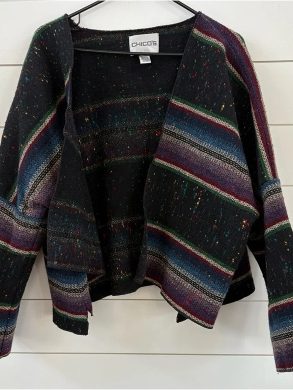 Chico's Black Open-Front Cardigan with Multicolor Stripes